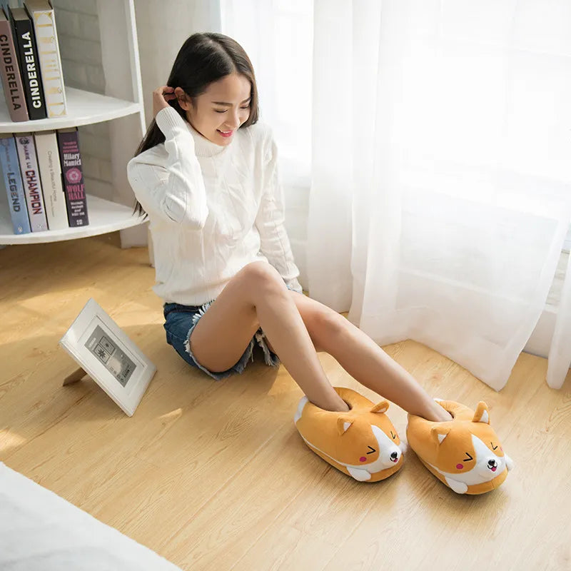 Cute Cartoon Corgi Dog Slippers | Warm Plush Corgi Slippers for Adults | Non-Slip Indoor Home Shoes | One Size