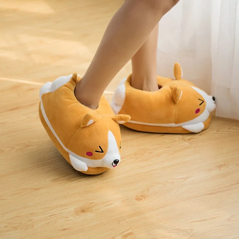 Cute Cartoon Corgi Dog Slippers | Warm Plush Corgi Slippers for Adults | Non-Slip Indoor Home Shoes | One Size