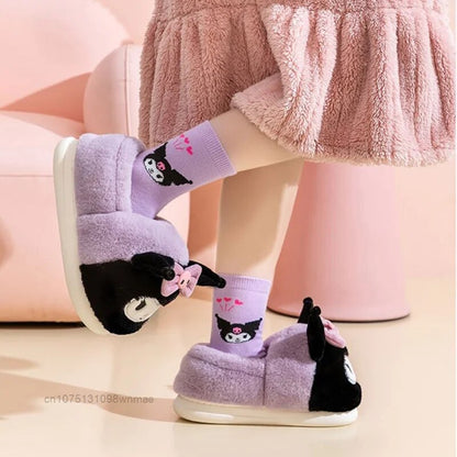 Fluffy Cute Cartoon Cotton Slippers for Women | Sanrio Cinnamoroll Hello Kitty Kuromi Melody Winter Warm Slippers Homewear Shoes