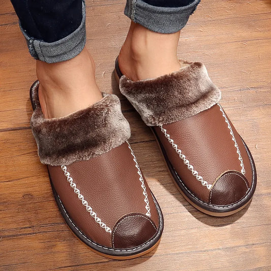 Men's Leather Home Cotton Slippers - Warm and Non-Slip