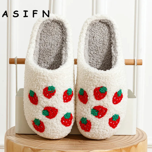 Cute Strawberry Fluffy Fur Slippers - Women's Cozy Home House Shoes