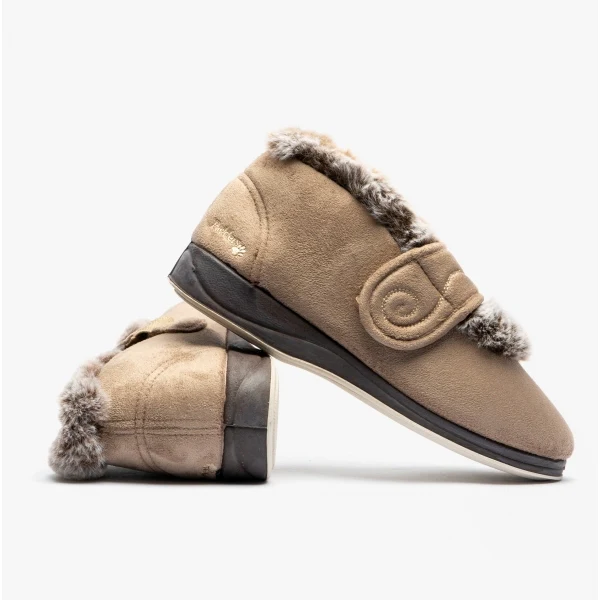 Padders HUSH Womens (2E Fit) Touch Fasten Boot Slippers Taupe Combi - Image 5